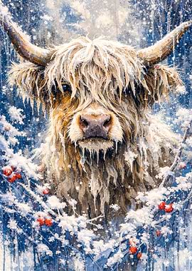 Highland Cow in Snowy Forest