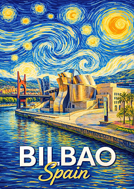 Bilbao Spain Starry Night Painting