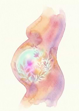 Watercolor Pregnant Belly with Flowers