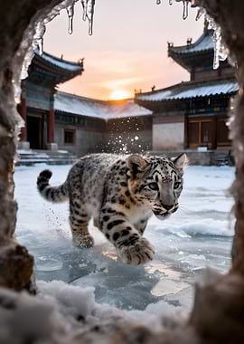 Snow Leopard Cub in Winter Temple