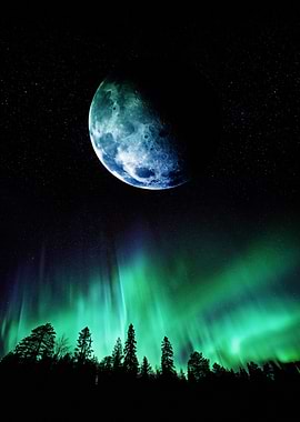 Moonlit Aurora Over Forest