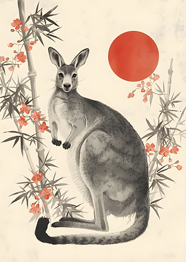 Kangaroo with Bamboo and Red Sun