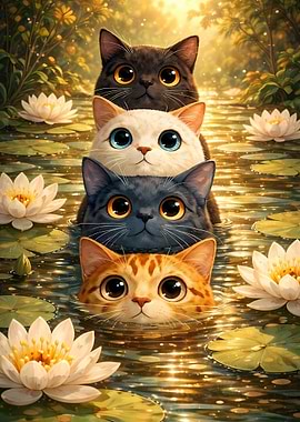 Cute Cats in Water Lilies