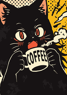 Black Cat Drinking Coffee