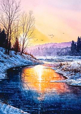 Winter River Sunset Watercolor Painting