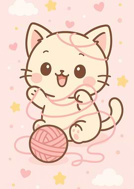 Kawaii Cat Playing with Yarn