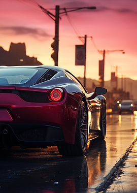 Red Sports Car on Wet Street