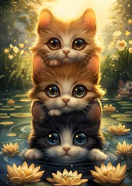 Stack of Cute Kittens in Water Lilies