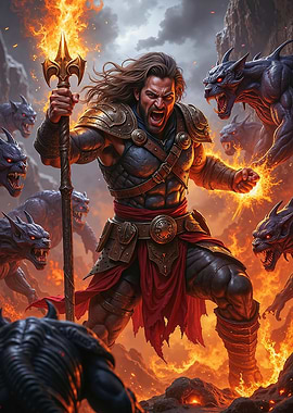 Warrior fighting demons with fire spear