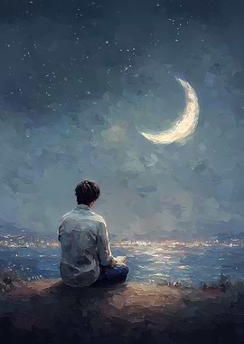 Man Meditating Under a Crescent Moon
