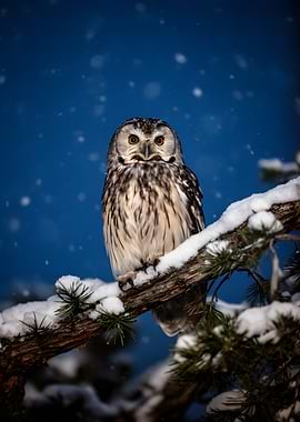 Owl perched on a snowy branch