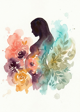 Watercolor Silhouette of Pregnant Woman with Flowers