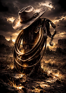 Cowboy Hat, Rope, and Spurs on Post
