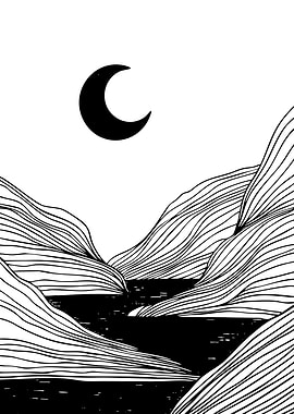 Crescent Moon Over Mountain Landscape