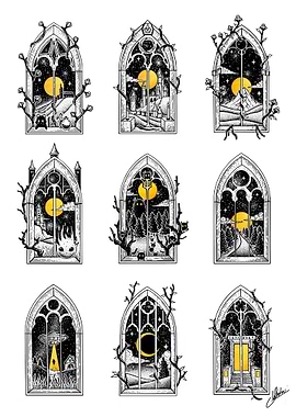 Gothic Windows with Fantasy Scenes