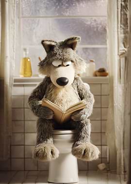 Wolf reading on a toilet