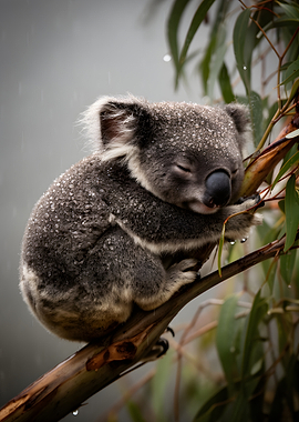 Koala sleeping in the rain