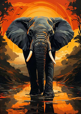 Elephant walking through water at sunset