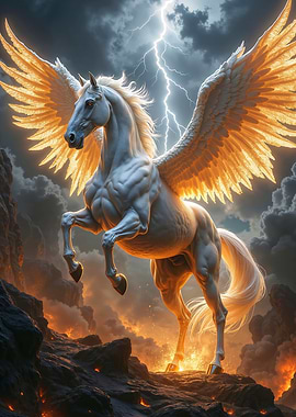 Mythical Pegasus in Stormy Sky