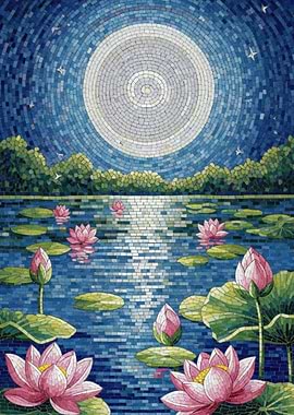 Moonlit Water Lily Pond Mosaic