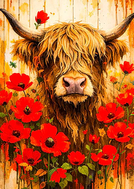 Highland Cow with Poppies