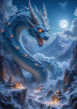 Blue Dragon Over Snowy Mountains