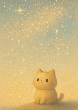 Cute Kawaii Kitten Under Starry Sky