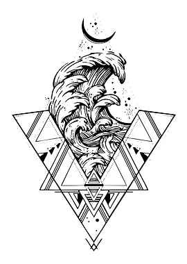 Geometric Wave and Moon Tattoo Design