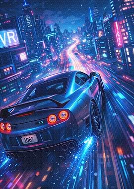 Blue Sports Car Racing Through Neon City