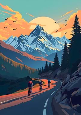 Cyclists on mountain road at sunset