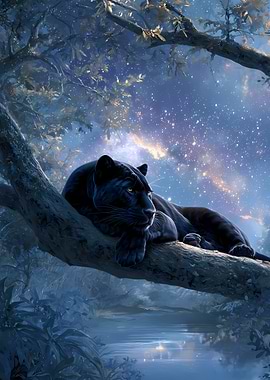 Black Panther in a Starry Night Tree