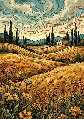 Tuscan Landscape with Wheat Fields and Cypress Trees