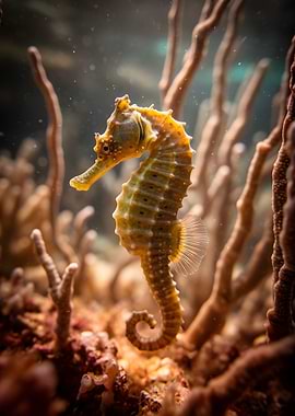 Yellow Seahorse in Coral Reef