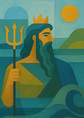 Stylized Neptune with Trident and Sun