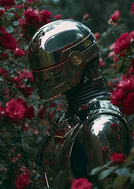 Robotic figure in a rose garden