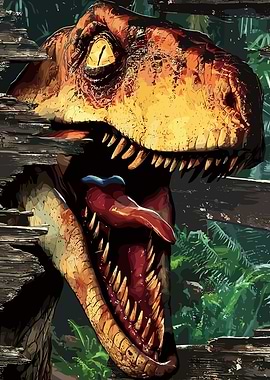 Raptor emerging from wooden fence