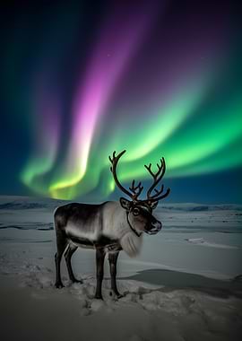 Reindeer Under Aurora Borealis