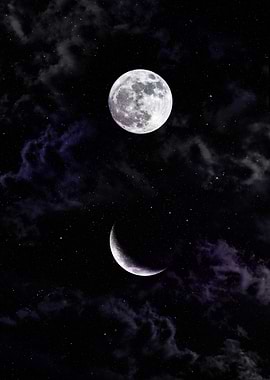 Full Moon and Crescent Moon in Night Sky