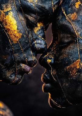 Golden Kintsugi Embrace Abstract Faces