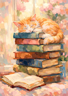 Kitten Sleeping on Books