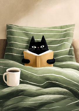 Black cat reading in bed with coffee