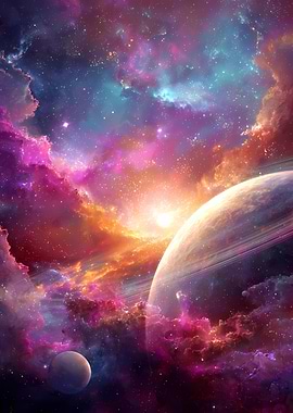 Cosmic Nebula with Planets