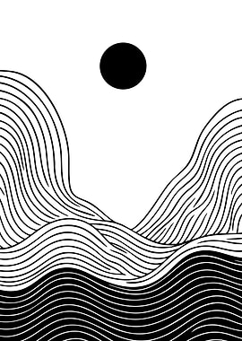Minimalist Landscape with Sun and Waves