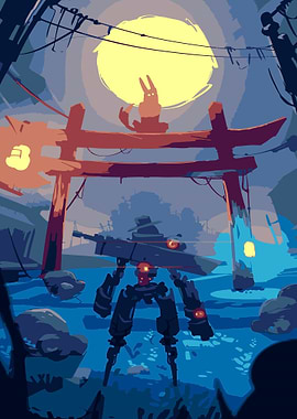 Robot and Rabbit Under a Full Moon