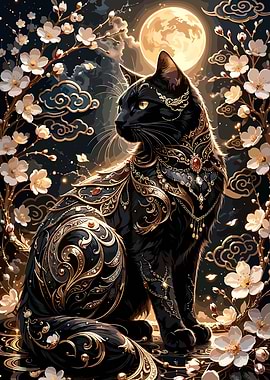 Ornate Black Cat Under Full Moon