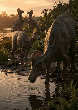 Parasaurolophus drinking water at sunset