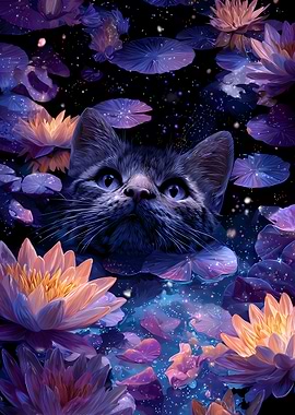Kitten Among Water Lilies
