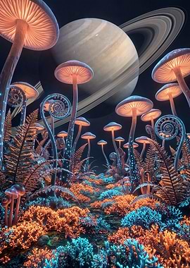 Alien Mushroom Forest with Saturn