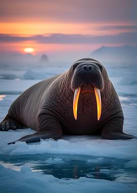 Walrus on Ice at Sunset