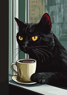 Black Cat with Coffee by Window